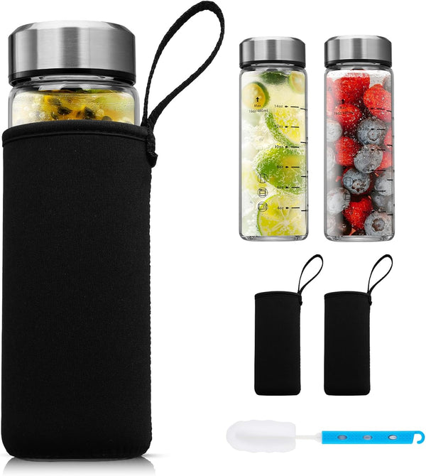 SIEROZUR Glass Juice Bottles 16 Oz-2 Pack Leak Proof Wide Mouth Water Bottle with Stainless Steel Lid & Sleeve - for Juicing, Smoothies, Infused