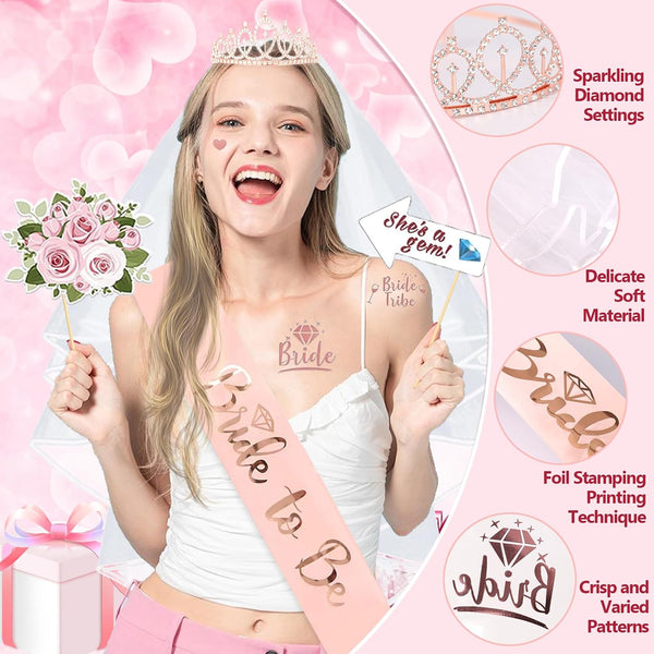 116 Pcs Bachelorette Party Decorations, Bride To Be Decorations include Bride To Be Sash Veil Crown Tattoo Stickers Photo Props Fringe Curtain for