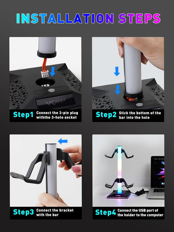 RGB Gaming Headphones Stand with 2 USB Ports Headset Stand with 10 Light Modes and Non-Slip Rubber, Suitable for All Earphone Accessories, Best