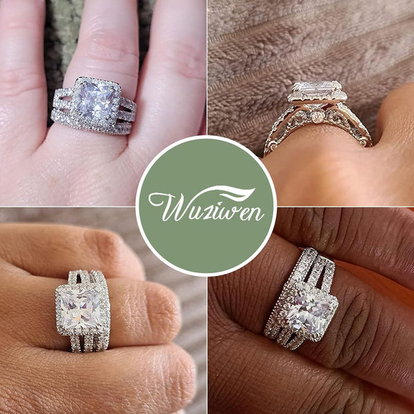 Wuziwen Wedding Ring Sets Princess Cut Engagement Rings for Women Sterling Silver Cubic Zirconia Moissanite Women's Bridal Ring Band Set