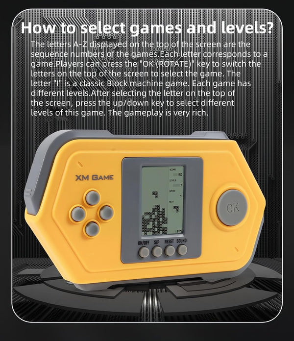 Retro Block Game Console Cool Shape 26 Brick Games Silicone Button Powered by 2*AAA Batteries Speed/Difficulty Can Be Adjusted Handheld Game Toy