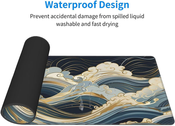 Abstract Japanese Ocean Waves Gaming Mouse Pad XL, Large Non Slip Rubber Mousepad, Stitched Edges Mouse Pads, Long Extended Mouse Pad,31.5'' X 11.8''