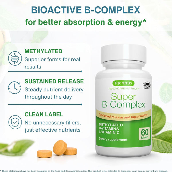Igennus High Absorption Super B-Complex Methylated & Active B Vitamins | Sustained Release, Clean Label, Energy, Mood & Cognitive Performance,