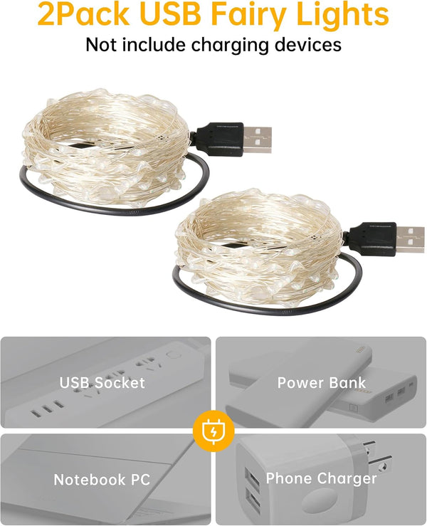Blingstar USB Powered Fairy Lights, 2 Pack 33Ft 100 LED, Flexible Silver Wire, Mini String Lights for Christmas Tree/Bedroom/Camping/Holiday