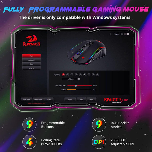 Redragon Gaming Mouse, Wireless Mouse Gaming with 8000 DPI, PC Gaming Mice with Fire Button, RGB Backlit Programmable Ergonomic Mouse Gamer,