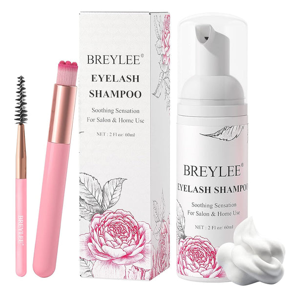 BREYLEE Eyelash Cleanser, Shampoo Foam & Brushes Eyelid Cleanser for Makeup Remover Paraben & Sulfate Free for Salon and Home Use(60Ml, 2 Fl Oz)