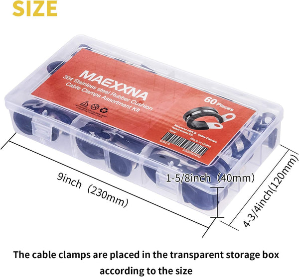 60pcs Wire Clamps Assortment Kit, Stainless Steel 304 Rubber Cushion Cable Clamps Assorted in 7 Sizes 1/4'' 5/16'' 3/8'' 1/2'' 5/8'' 3/4'' 1'',