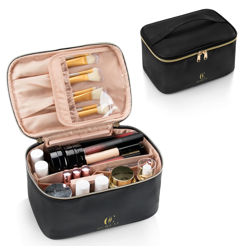 OCHEAL Makeup Bag, Portable Cosmetic Bag, Large Capacity Travel Makeup Case Organizer, Black for Women Toiletry Bag for Girls Traveling with
