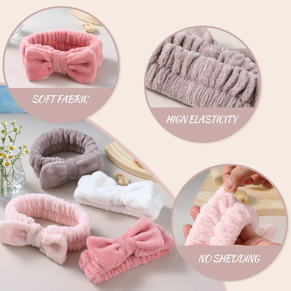 VITEVER 4 Pack Spa Headband for Washing Face, Girls Makeup Bow Tie Hair Band, Microfiber Women Headbands, Elastic Headband to Skincare, Gifts for
