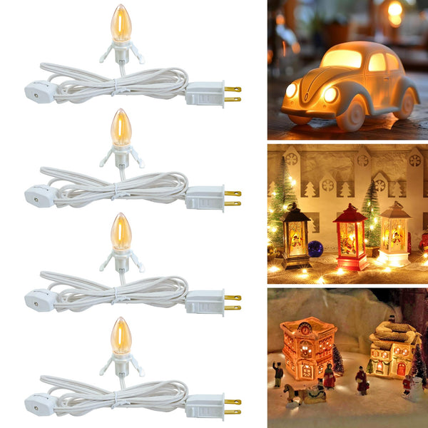 Set of 4 Accessory Cord with One Led Light Bulb 6Ft Blow Mold Light IndoorString Lights, C7 Lamp with Spare Fuse for Halloween and Christmas