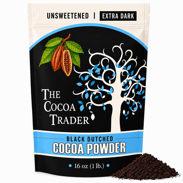 Black Cocoa Powder for Baking - Unsweetened, Extra Dark, 1 Lb | The Cocoa Trader - Dutch Processed, Alkalized - Natural Jet Black Food Coloring