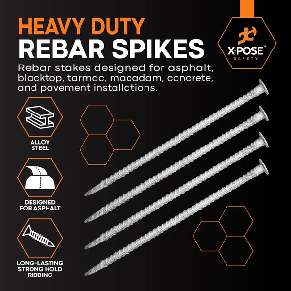 Rebar Stakes - 14 Inch Metal Spikes for Asphalt 1/2 Inch Diameter - 4 Pack Ground Stakes Heavy Duty for Speed Bump, Wheel Stop - Threaded