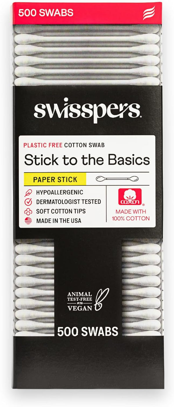 Swisspers Premium Cotton Swabs - Soft 100% Cotton Swabs with Paper Sticks for Beauty and Personal Care - Gentle Hygiene - 500 Count (Pack of 3)