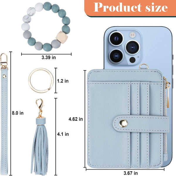 Wristlet Wallets for Women, Keychain RFID Blocking Credit Card Holder, Small Girly Wallet with Bracelet, Silicone Beaded Tassel Key Ring Card
