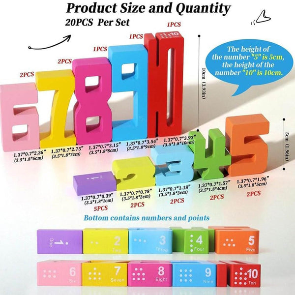 20PCS Wooden Number Building Blocks- Montessori Math Stacking Number Blocks Toys with Counting Games, Bright Digital Building Blocks Friends of