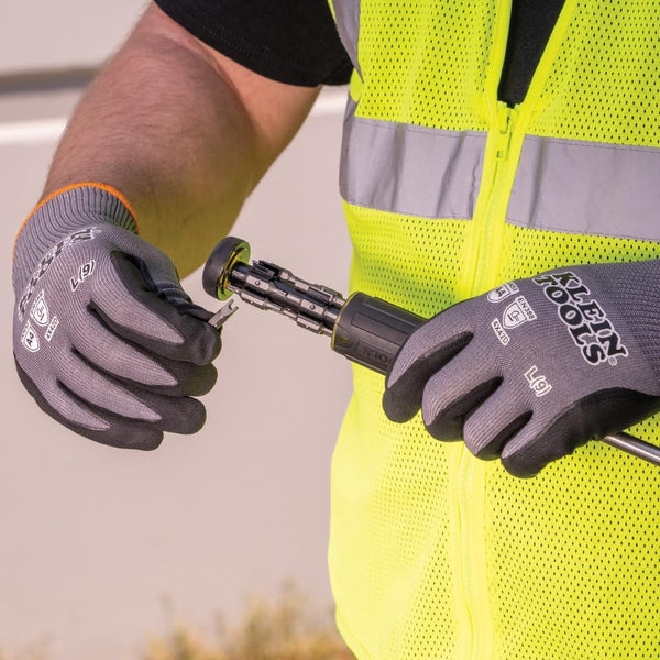 Klein Tools 60589 Work Gloves, Knit Dipped Cut Resistant ANSI A4 Nitrile Coated Gloves, HPPE Fabric, Touchscreen Capable Fingertips, Large, 2-Pair