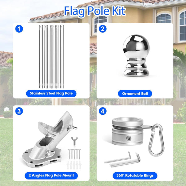 Anovo Flag Pole Kit- Stainless Steel 6 FT Flag Poles with1 Inch Metal 360° Rotating Flag Pole Rings Clip, Two-Position Flag Pole Holder Brackets