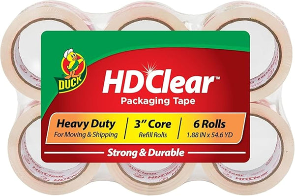 Duck HD Clear Packing Tape Refills - 6 Rolls of Heavy Duty Shipping and Moving Packing Tape - Clear Strong Packaging Tape for Boxes, Packing and