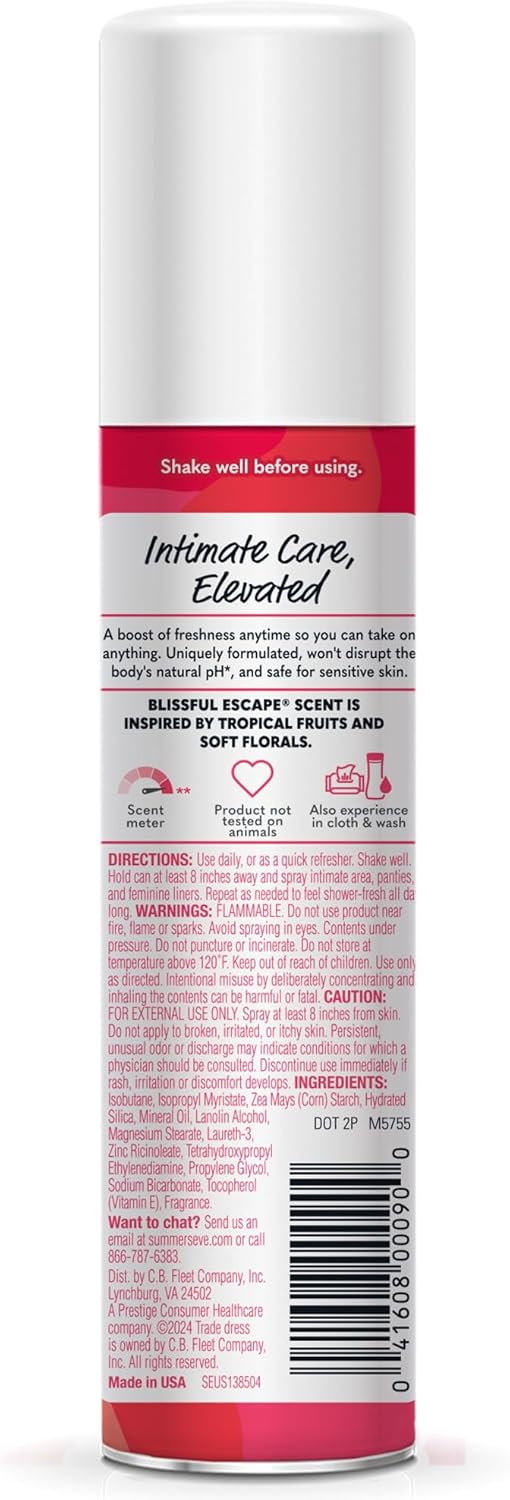 Summer's Eve Daily Refreshing Feminine Spray, Blissful Escape, Daily Body Spray for Women, Feminine Care that Neutralizes & Reduces Body Odor,