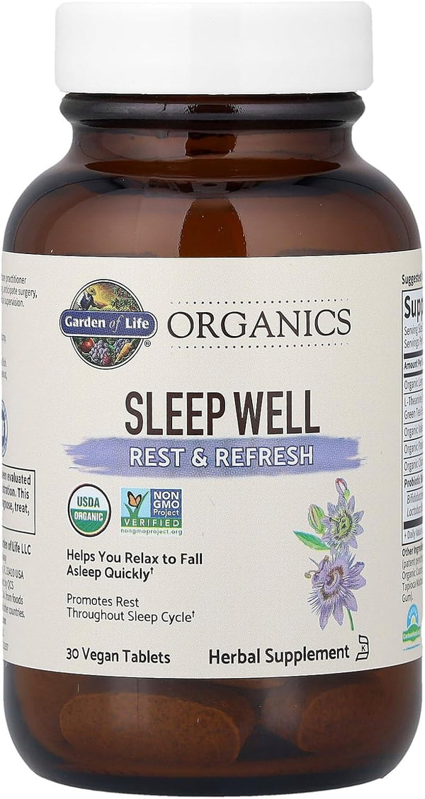 Garden of Life Organics Sleep Well Rest & Refresh 30 Tablets, Lemon Balm, Green Tea Extract L-Theanine, Valerian Root, Chamomile,