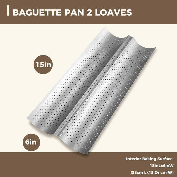 KITESSENSU Nonstick Baguette Pans for French Bread Baking, Perforated 2 Loaves Baguettes Bakery Tray, 15" x 6.3", Silver Bright Silver 2Loaf 15" x