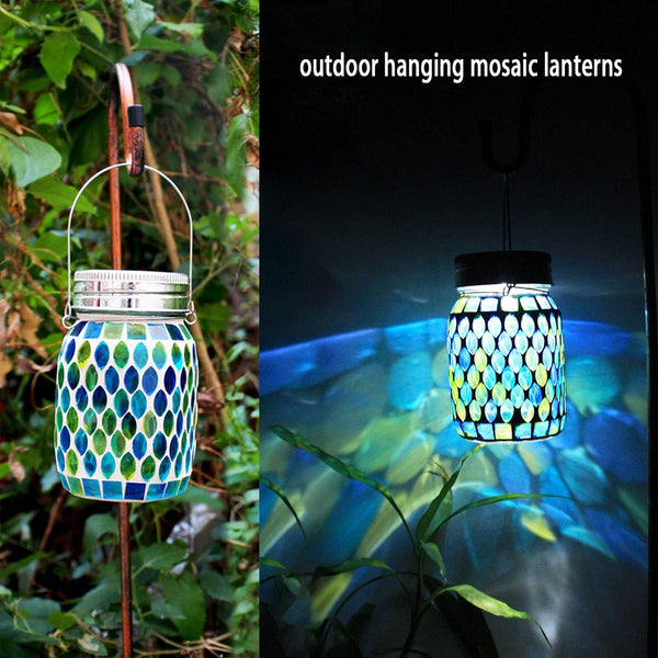 Solar Mosaic Glass Solar Hanging Lantern, Waterproof Outdoor Garden Light | Handcrafted blue mosaic solar hanging lantern projects beautiful
