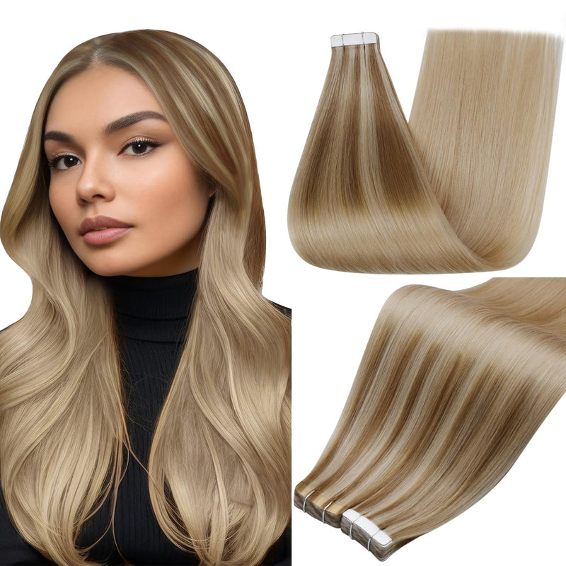 Full Shine Tape In Hair Extensions Human Hair, Golden Brown Blonde 14 Inch | 50G 20Pcs, Remy Hair Extensions Real Human Hair, Invisible Skin Weft,