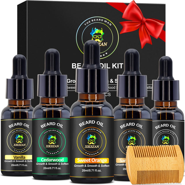 XIKEZAN 5 Pack Beard Oil Set W/Sandalwood,Orange,Vanilla,Cedarwood,Christmas Sto