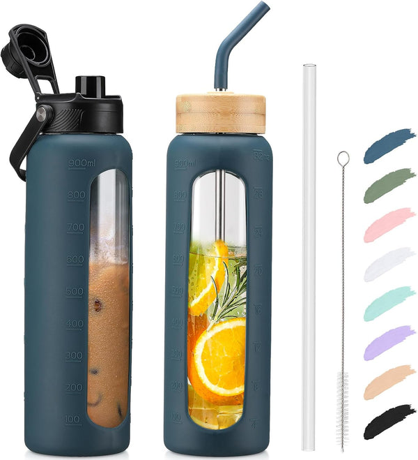 Kodrine Water Bottle with Straw, 24 Oz Glass Water Bottle with 2 Lids Bamboo Straw Lid and Spout Lid with Handle, 32 Oz Clear Water Bottle Glass