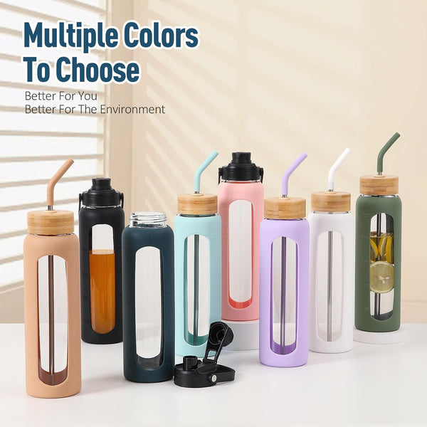 Kodrine Water Bottle with Straw, 24 Oz Glass Water Bottle with 2 Lids Bamboo Straw Lid and Spout Lid with Handle, 32 Oz Clear Water Bottle Glass