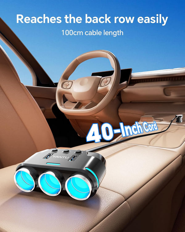 YANTU Cigarette Lighter Adapter & Splitter,150W 3-Sockets & LED Ambient Lighting, Dual USB Fast Charging Car Outlet 12V, Car Cigarette Lighter