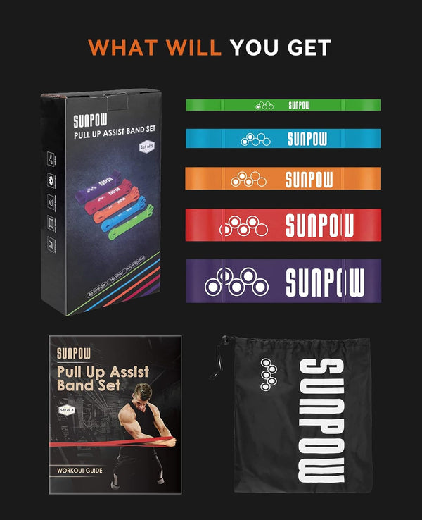 SUNPOW Pull up Assistance Bands - Set of 5 Resistance Heavy Duty Workout Exercise Stretch Fitness Bands Assist Set for Body, Instruction Guide and