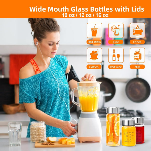 Glass Juice Bottles 16 Oz - Wide Mouth Glass Water Bottles with Lids and Sleeve- for Juicing, Smoothies, Milk, Protein, Reusable, Stainless Steel
