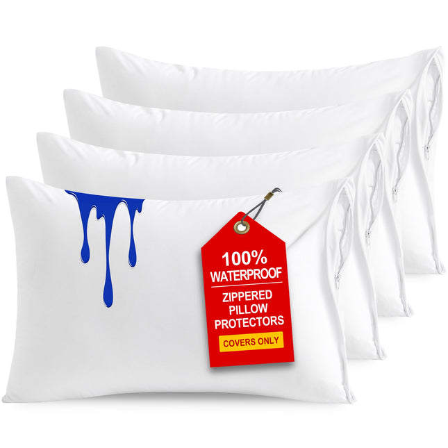NTBAY 4 Pack Zippered Waterproof Queen Pillow Protectors, Super Soft Quiet Zip Pillow Protectors, 20x30 Inches Jersey Pu