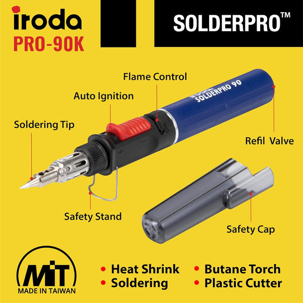 IRODA SolderPro 90K Professional Butane Soldering Iron Kit | Cordless 3-in-1 Tool | Fast Start & 53min Runtime with Case & Tips (Taiwan Made)