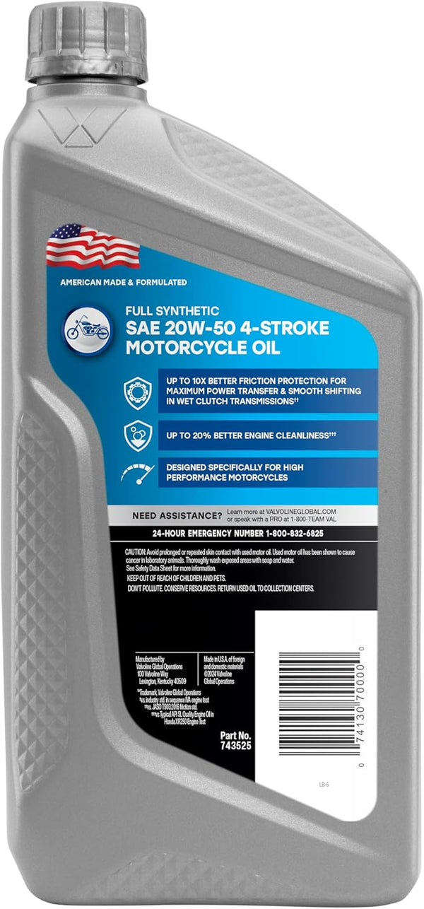 Valvoline 4-Stroke Motorcycle Full Synthetic SAE 20W-50 Motor Oil 1 QT, Case of 6