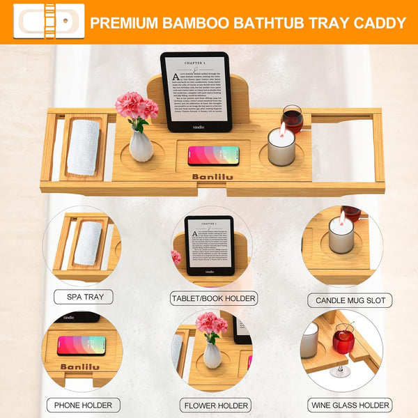Luxury Bathtub Tray Caddy - Bath Tray Expandable - Bath Tub Tray Table for Bathtub - Bath Caddy Tray for Bathtub, Ajustable Size, Fits Most Tubs
