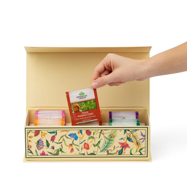Organic India Tea Sampler Box Variety Pack - Tulsi Herbal Tea Gift Set, Hot Tea Assortment, Holy Basil, Ashwagandha, Turmeric Ginger, Sweet Rose,