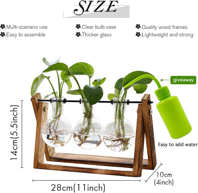 XXXFLOWER Plant Terrarium with Wooden Stand, Air Planter Bulb Glass Vase Metal Swivel Holder Retro Tabletop for Hydropon