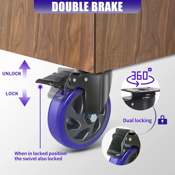 5 Inch Caster Wheels with Brake, Heavy Duty Casters Set of 4 2200lbs, Swivel Casters with Double Ball Bearings, Dual Locking Casters,Wheels for