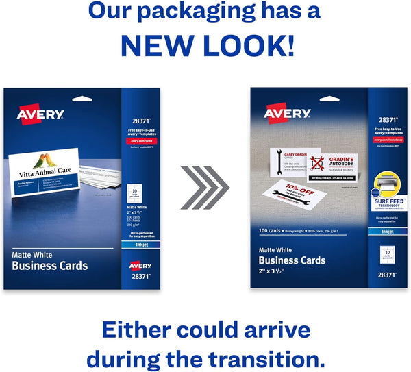 Avery Printable Business Cards with Sure Feed Technology, 2" x 3.5", White, 100 Blank Business Cards, Inkjet Printer Paper (28371) 2 x 3.5 inches