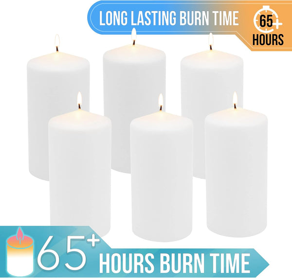Stonebriar Unscented White Tall Pillar Candles, 65 Hour Burning Candle Pillars, Perfect for Decor, Weddings, Emergencies 3" X 6", 6 count Pack of