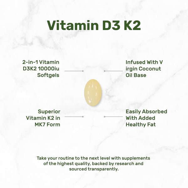 DEAL SUPPLEMENT Vitamin D3 10,000 IU + K2 MK7 200 Mcg, Infused with Virgin Coconut Oil, 250 Softgels, Double Strength Vitamin D & K, Promotes
