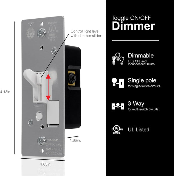 GE 18025 Dimmer, Toggle On/Off, White White 3-Way Toggle Switch