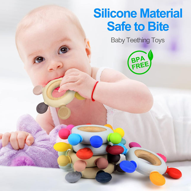 Baby Teething Toys Silicone Teethers BPA Free Silicone Rudder with Wooden Ring Soothe Babies Gums (Khaki)