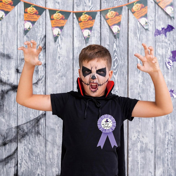 Halloween Big Brother Tinplate Badge Pin, Brother To Be Button Pin, Witch Birthday Boy Award Ribbon, Purple Rosette Badge for Baby Shower,