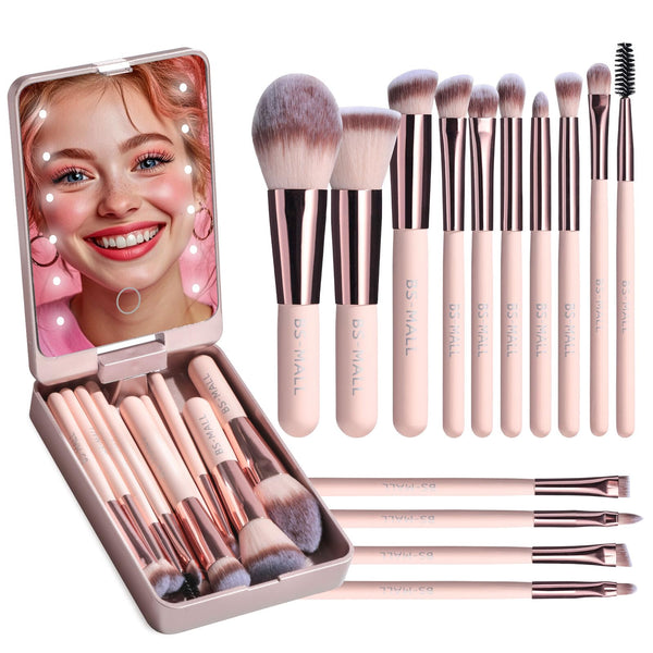 BS-MALL Makeup Brushes Foundation Powder Concealers Eye Shadows Makeup Set with LED Light Mirror 14 Pcs Mini Makeup Brushes (APINK)