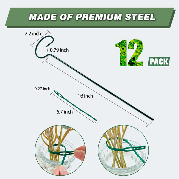 12 Pack 16 Inch Metal Plant Support Stakes for Outdoor Plants and Flowers | Plant Support Sticks, Includes 24 Twist Ties, For Peony, Amaryllis,
