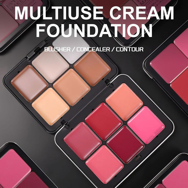 12 Colors Cream Blush Palette Cream Concealer Foundation Palette | Natural Matte Finish Contour Palette with Brush, Creamy Texture, Waterproof,