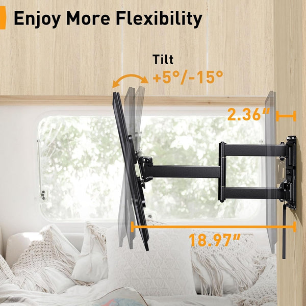 Perlegear Lockable RV TV Mount for 13–43 inch TVs up to 44 lbs, Full Motion RV TV Wall Mount with Swivel, Tilt, Pull Cord Lock, RV TV Mount for